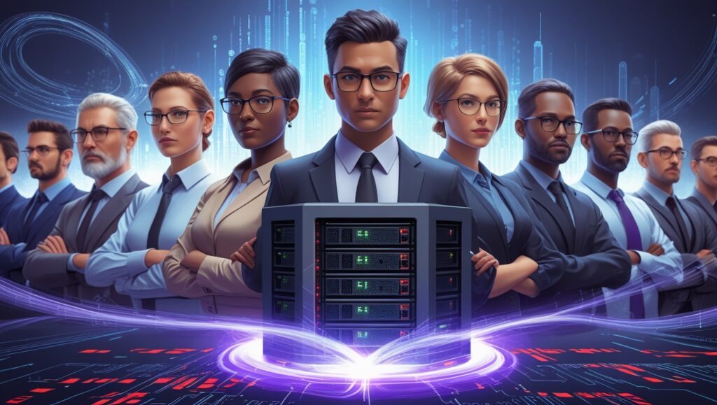 A diverse group of office workers forming a human shield, glowing with a protective digital light, defending a central server rack from incoming digital threats.